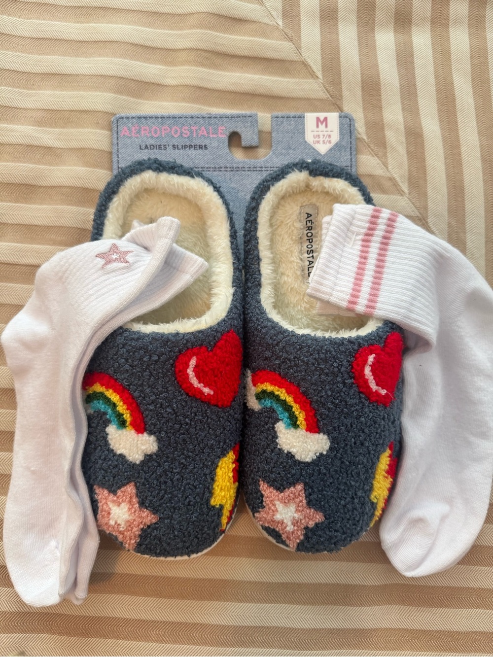 Aeropostale Navy Sherpa Slip-On Slippers with Rainbow, Heart & Star Embroidery